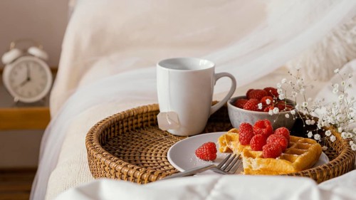High angle tasty raspberry waffle plate
