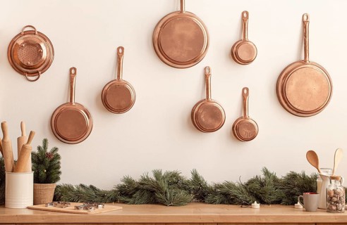 Christmas decorated kitchen counter or table in bright modern festive cozy interior with baking
