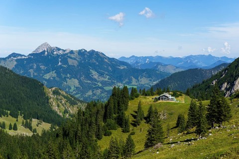 Taubensteinhaus in front of Wendelstein, Spitzingsee, Mangfall Mountains, Upper Bavaria, Germany,