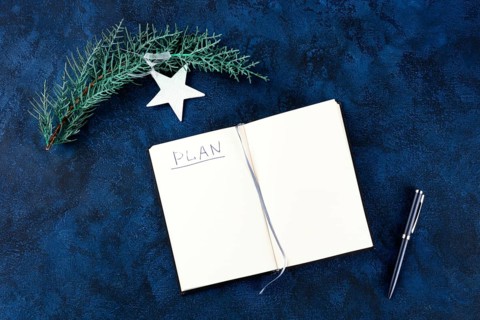 New Year resolutions, flatlay overhead shot with the handwritten word Plan and copyspace, on a dark