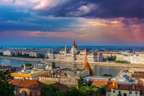 Panoramic view of Budapest with Hungarian Parliament Building on the bank of the Danube
