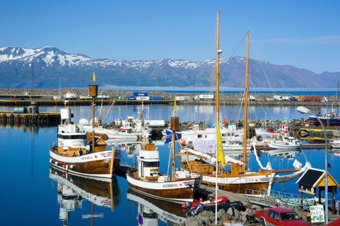 Whale watching boats, harbour, Husavik, Iceland, Europe