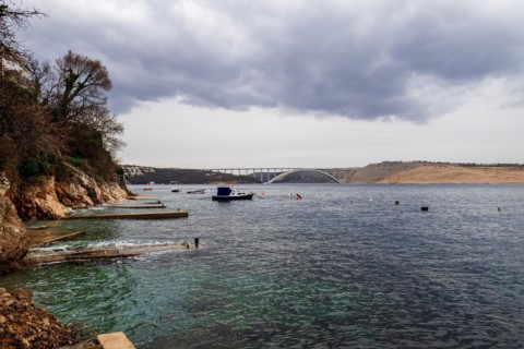 View of the bridge to the island of Krk from the steep coast near Ostro near Kraljevica, Kvarner