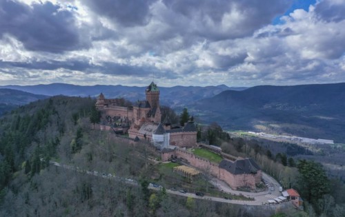 Aerial view Hohkönigsburg or Hochkönigsburg, French Chateau du Haut-Koenigsbourg, ridge castle on