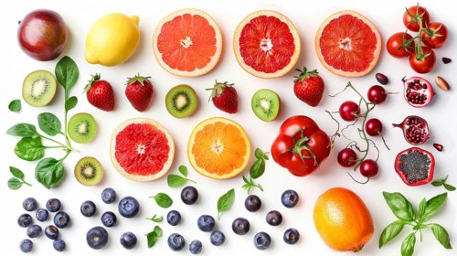 A fresh and colorful arrangement of various fruits and vegetables including grapefruit, kiwi,