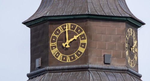Tower clock of the Protestant Church of St Stephan, Tangermünde, Saxony-Anhalt, Germany, Europe