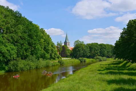 River Hiking, paddlers in three boats on the bunny in Haselünne, Hasetal, Emsland, Lower Saxony,