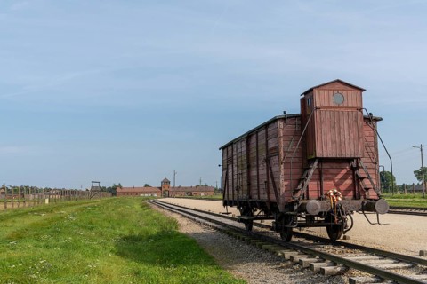 Auschwitz, Poland - 15 September, 2021: Auschwitz Concentration Camp in Poland with railroad tracks