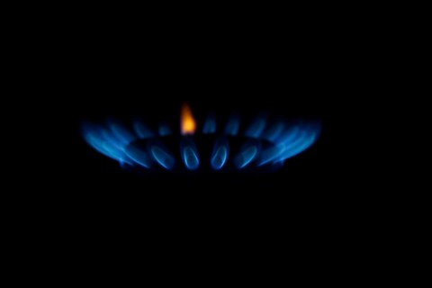 Blue gas flame on a hob, gas cooker, close up