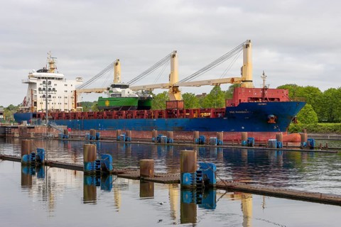 Merchant ship leaving Kiel-Holtenau canal lock, Great Lock, Kiel Canal, Kiel, Schleswig-Holstein,
