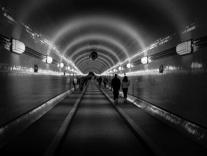 Pedestrians in the Elbe Tunnel, black and white, Hanseatic City of Hamburg, Hamburg, Germany,