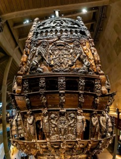 Stockholm, Sweden - 24 June, 2021: vertical panorama view of the ornate hand-carved stern of the