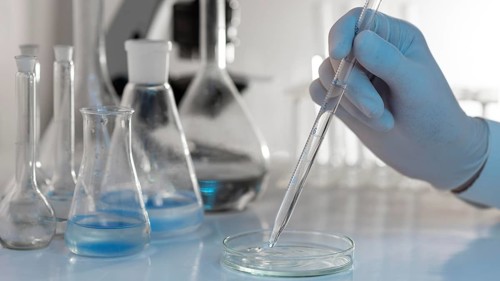 Close up hand holding lab pipette
