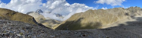 Panorama, scree field on Tällistock, Furkapass and Furkahorn in the background, Valais,