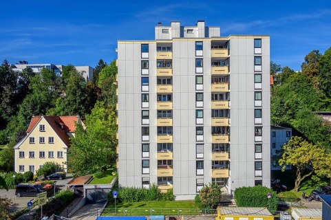 High-rise building with concrete balconies in Kempten, Allgäu, Bavaria, Germany, Europe
