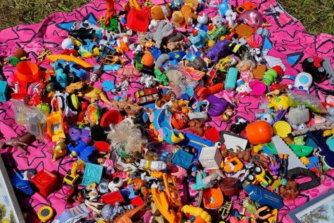 Small toys at a country flea market, Province of Quebec, Canada, North America
