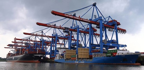 APL Le Havre and Tina at Container Terminal Altenwerder in the Port of Hamburg, ships APL Le Havre