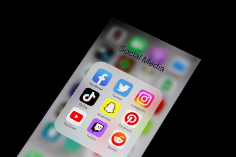 Social media icon, detailed view of a smartphone with social media apps, Facebook, Twitter,