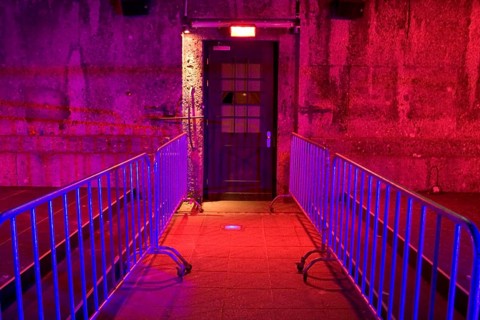 Entrance door of Disco, nightclub, discotheque P1 which means Prinzregentenstrasse 1, illuminated