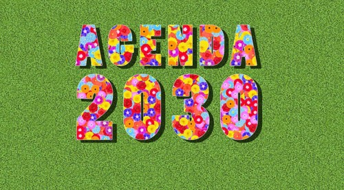 Graphic, text, number, year, inscription with Agenda 2030 with many colourful flowers, butterflies,