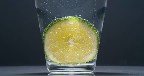 Slice of Green Lemon (citrus aurantifolia), in a Glass