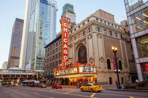 Chicago, USA, August 13 2015: Chicago theater with shows about to start on an early summer's