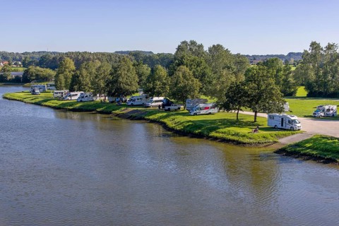 Motorhome in motorhome parking space, Lände Hilpoltstein on the banks of the Main-Danube Canal,