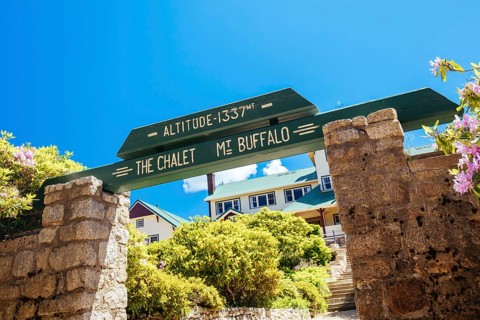 MT BUFFALO, AUSTRALIA- DECEMBER 29 2021: The Mount Buffalo Chalet on a warm summer's day. It was