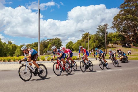 GEELONG, AUSTRALIA, FEBRUARY 2, 2020: The break away group rolls thru a roundabout during the 2020