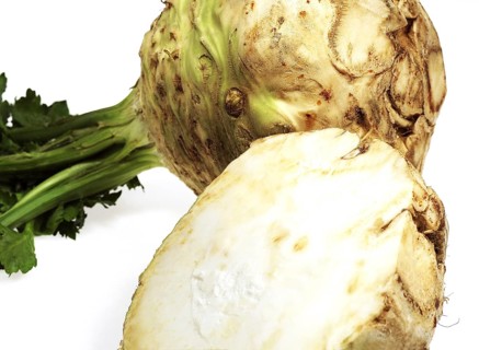 Root celery (apium graveolens), celeriac, umbelliferae, CELERIAC against white background