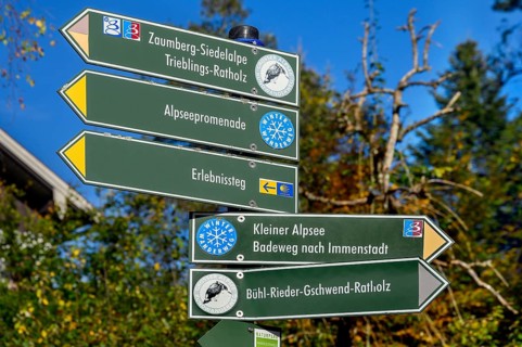 Signpost on the shore path at the autumnal large Alpsee near Bühl, Immenstadt Im Allgäu, Upper