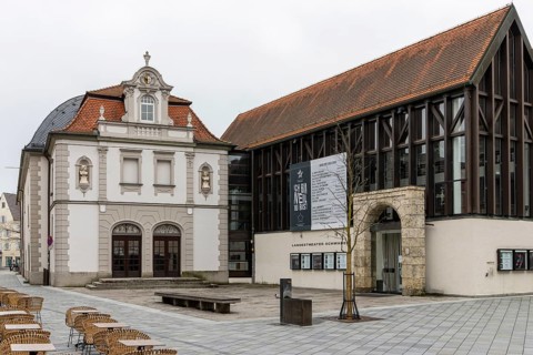 Swabian State Theatre on Theaterplatz, in the old town, Memmingen, Swabia, Bavaria, Germany, Europe