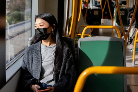 Young woman with mask bus