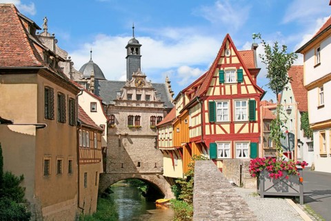 Half-timbered houses and town hall, Malerwinkel, Marktbreit, Bavaria, Brückenrathaus, Germany,
