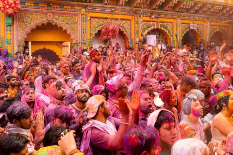 Holi Festival of Colors in Shri Krishna Temple in Mathura, India, Asia