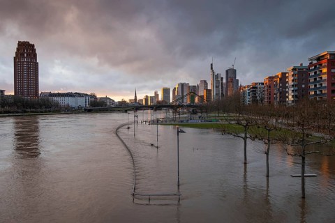 After persistent rainfall, the River Main burst its banks in the eastern harbour area of Frankfurt