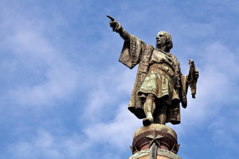 Columbus column at the port of Barcelona, at the end of the famous street Las Ramblas