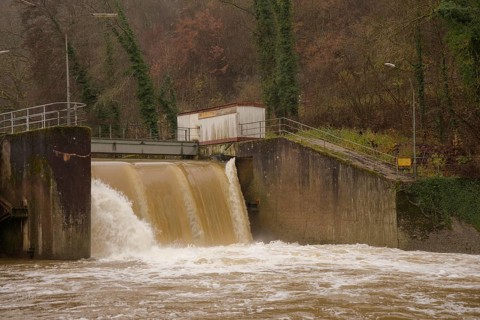 Flood at Steinbach reservoir, Kocher, Kocher valley, Schwäbisch Hall, Hohenlohe, Heilbronn-Franken,