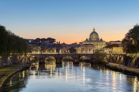 St Peter's Basilica and Ponte Sant Angelo at dusk, Rome, Italy, Europe