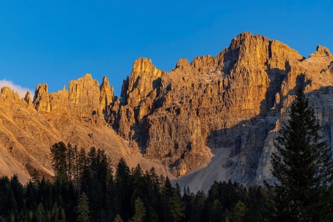 Latemar in golden evening light, Obereggen, Bolzano, South Tyrol, Italy, Europe