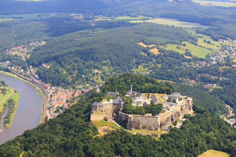 Königstein Fortress, with Elbe River, Saxon Switzerland National Park, Saxony, Königstein, Germany,
