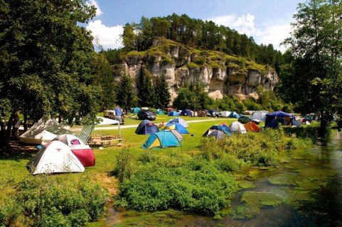 Tents at Campsite Bärenschlucht, Pottenstein, Franconian Switzerland, Bavaria, Germany, Europe
