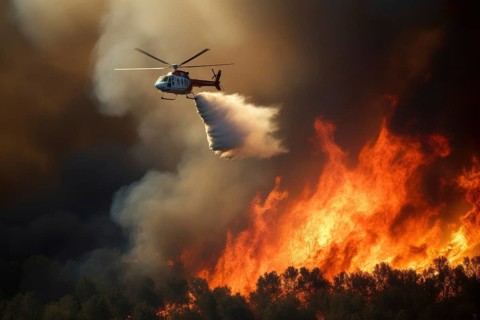 Firefighting helicopter pours water over forest fire, flames, fire inferno, climate change, heat,