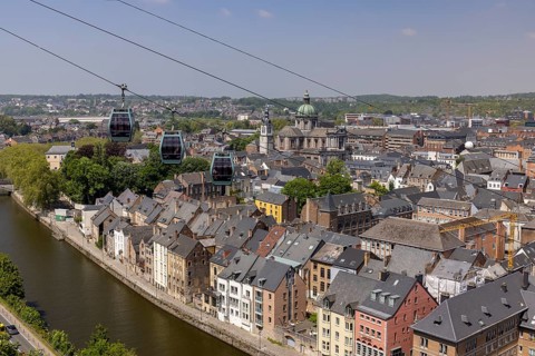 Group of three gondolas, gondola lift in the city centre of Namur, Wallonia, Belgium, Europe