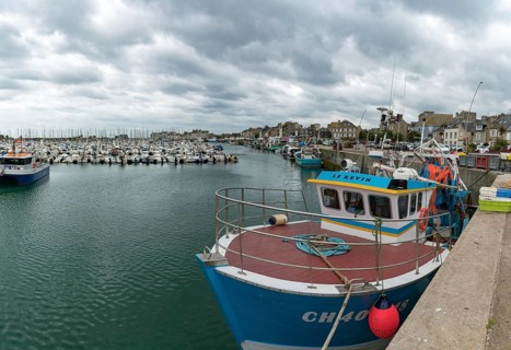 France - 16 August, 2019: fishing boats and yacht marina in the harbor of Saint Vaast la Hougue in