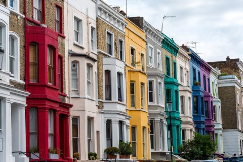 Colourful terraced houses seen in Notting Hill, London