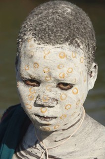 Surma boy with body painting, face painting, Surma tribe, Kibish, Omo Valley, Ethiopia, Africa