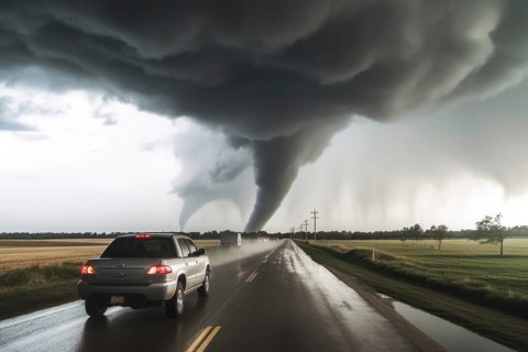 A tornado moves with great destructive force over agricultural land, car on road, natural disaster,