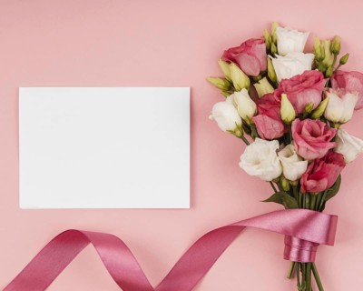 Top view beautiful roses bouquet with empty card. Resolution and high quality beautiful photo
