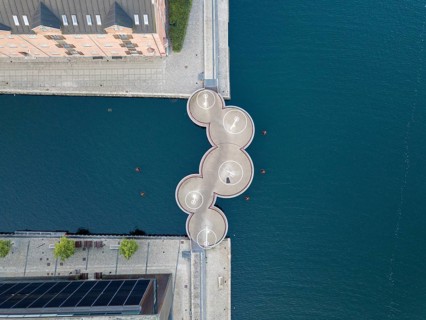 Copenhagen, Denmark, May 27, 2019: Aerial drone view of the modern Circle Bridge, a pedestrian